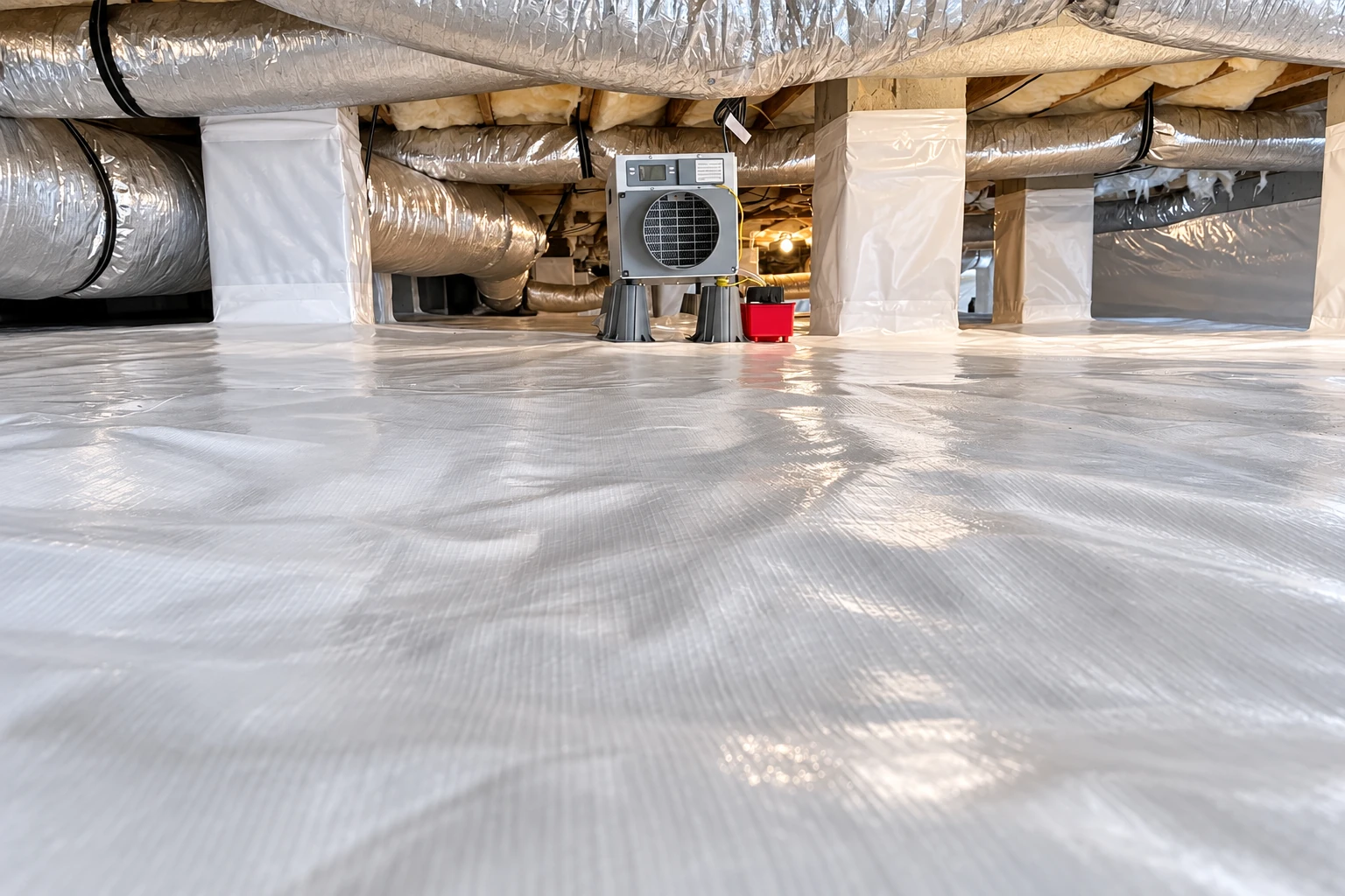 A crawl space has a sealed plastic floor covering, wrapped supports, and extensive silver ductwork overhead.