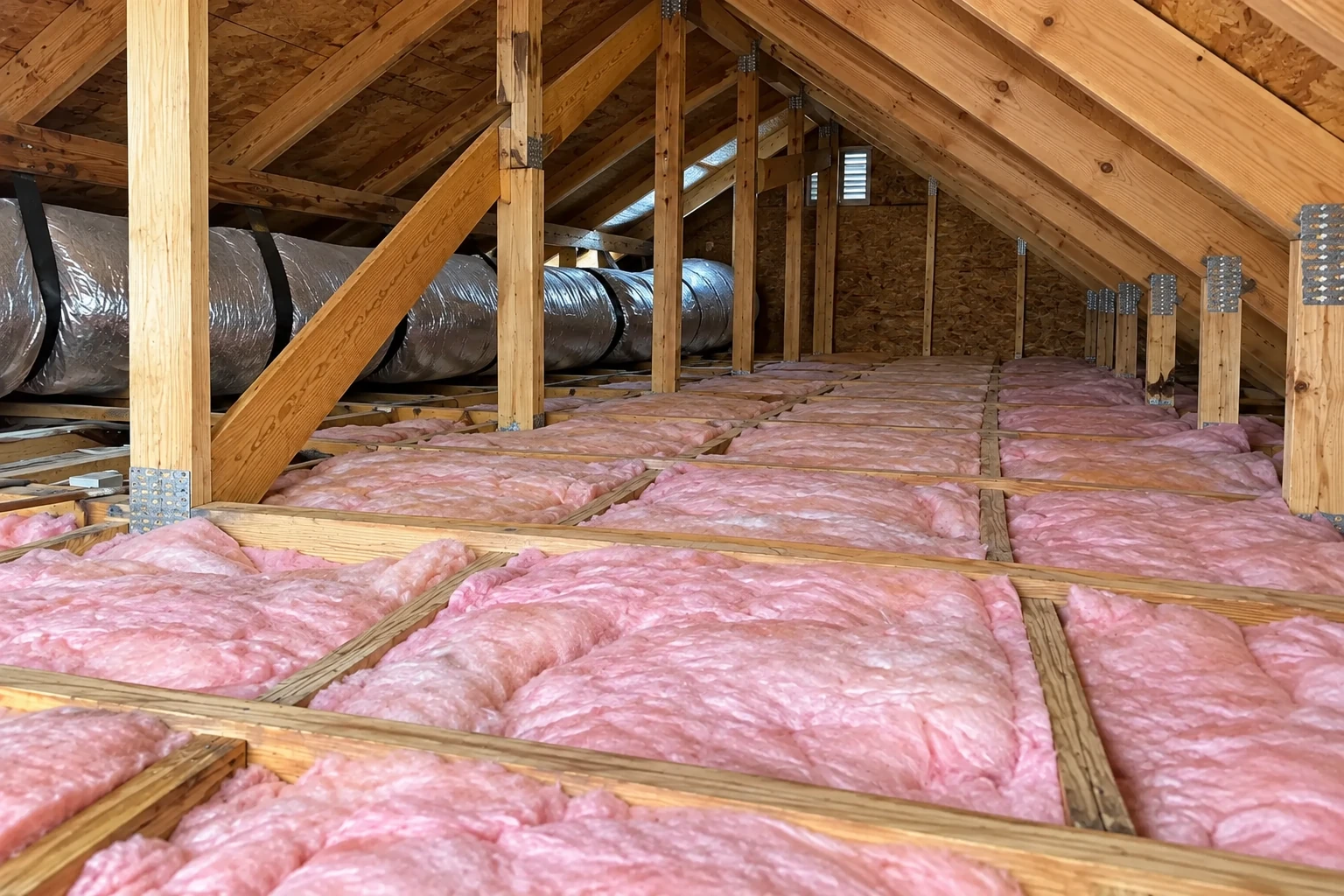Pink batt insulation covers the floor of a timber-framed attic, with a large silver duct running along the side.