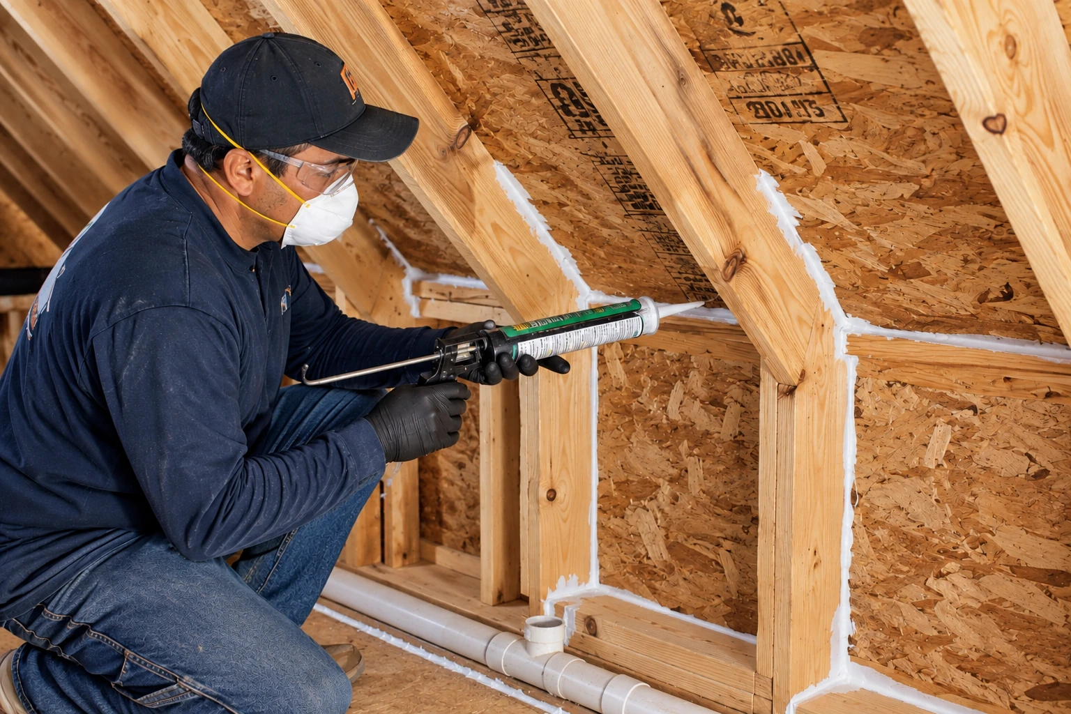 A worker applies sealant along wooden attic framing with a caulking gun.