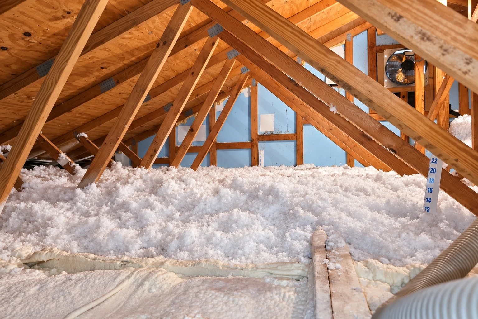Loose white attic insulation covers the floor beneath exposed wooden roof trusses.