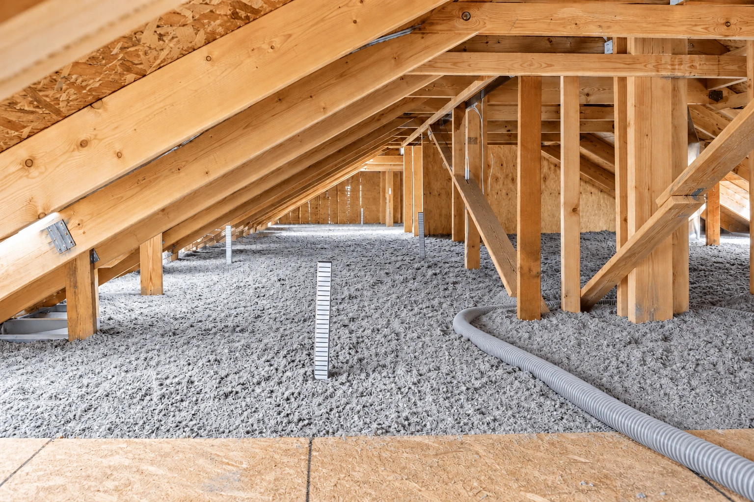 An attic has a deep layer of gray blown-in insulation across the floor beneath exposed wooden rafters.