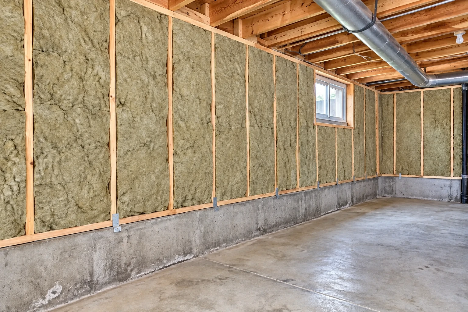 A basement has thick insulation between wooden wall studs above a concrete foundation, with exposed ceiling joists and ductwork.