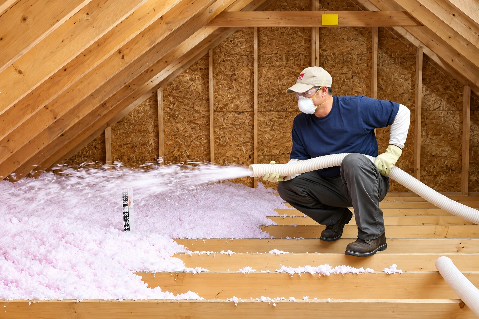 A masked worker spreads blown-in insulation across an attic floor using a flexible hose.