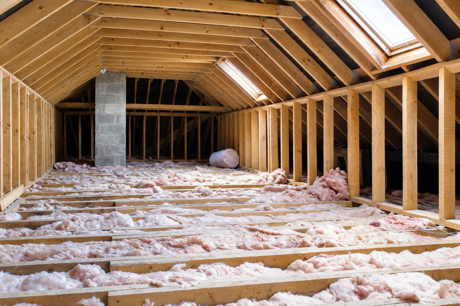 Pink blown-in insulation is spread between joists across the floor of an unfinished attic.