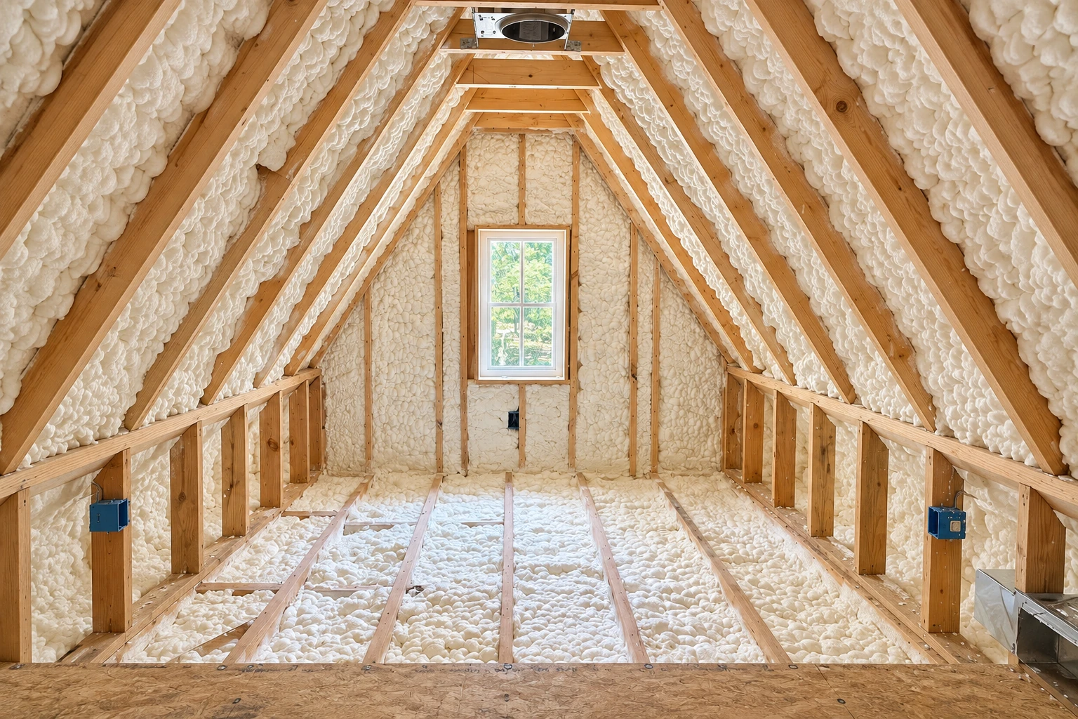 An attic is filled with white spray foam insulation between roof rafters and floor joists, with a window at the far end.