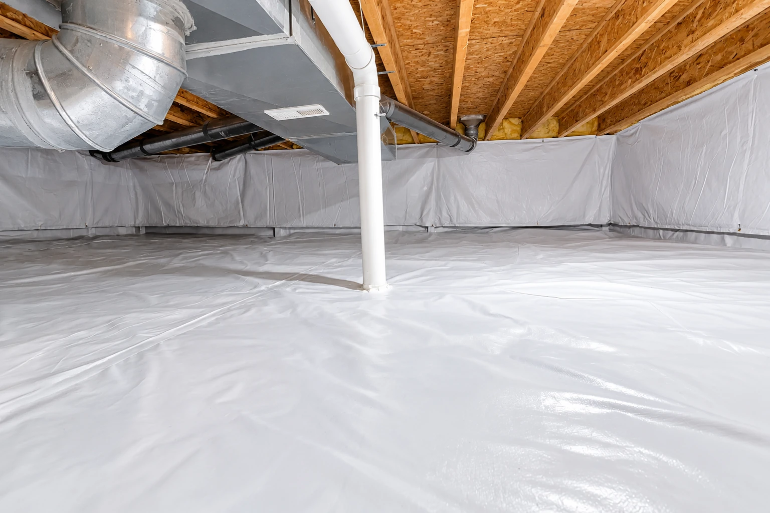 A crawl space has white plastic sheeting across the floor and walls, with ducts and pipes overhead.