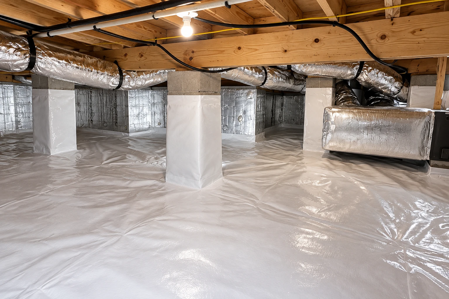 A crawl space has a white vapor barrier covering the floor and wrapped around support posts, with ducts overhead.