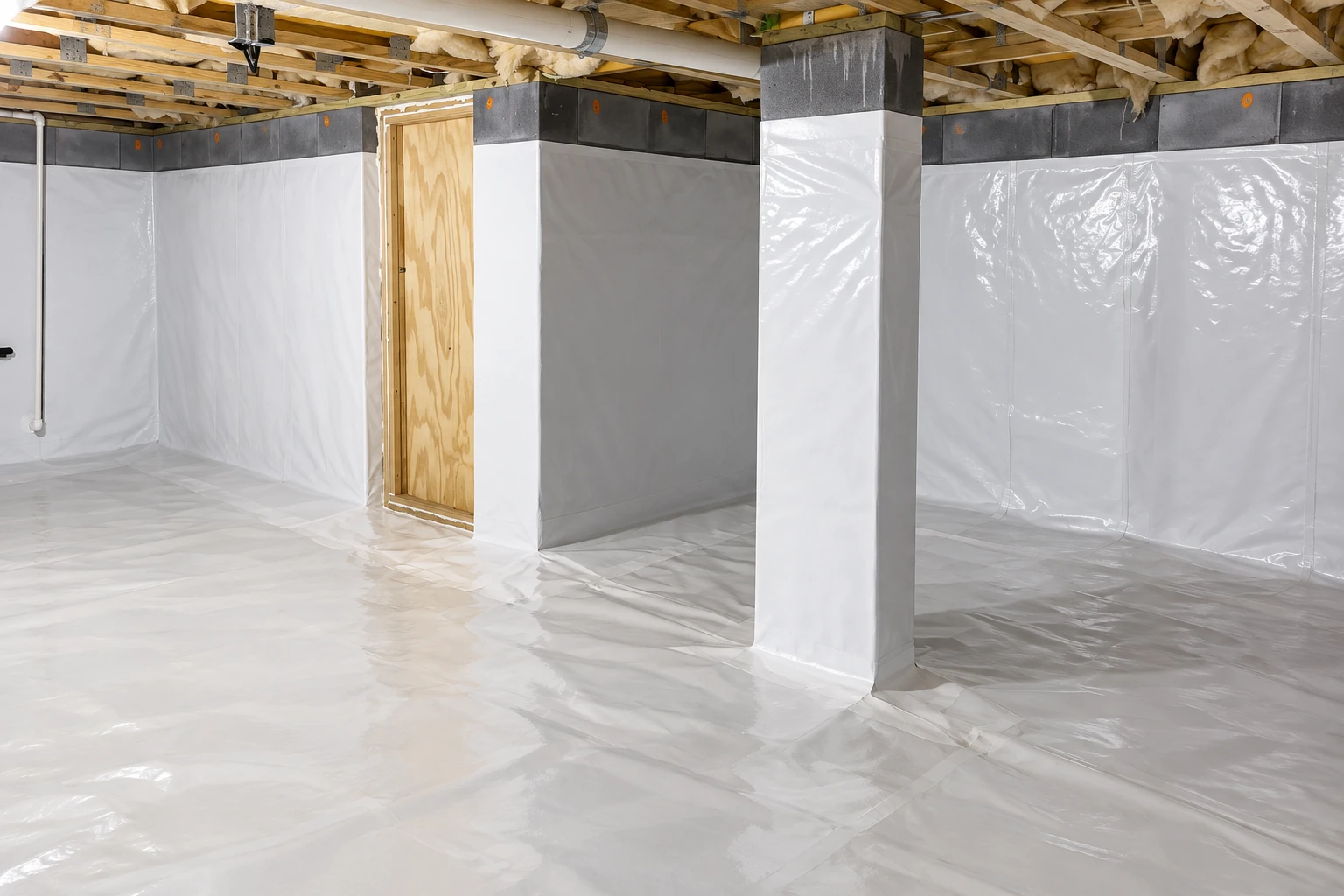 A crawl space has white vapor barrier sheeting covering the floor, walls, and support columns.