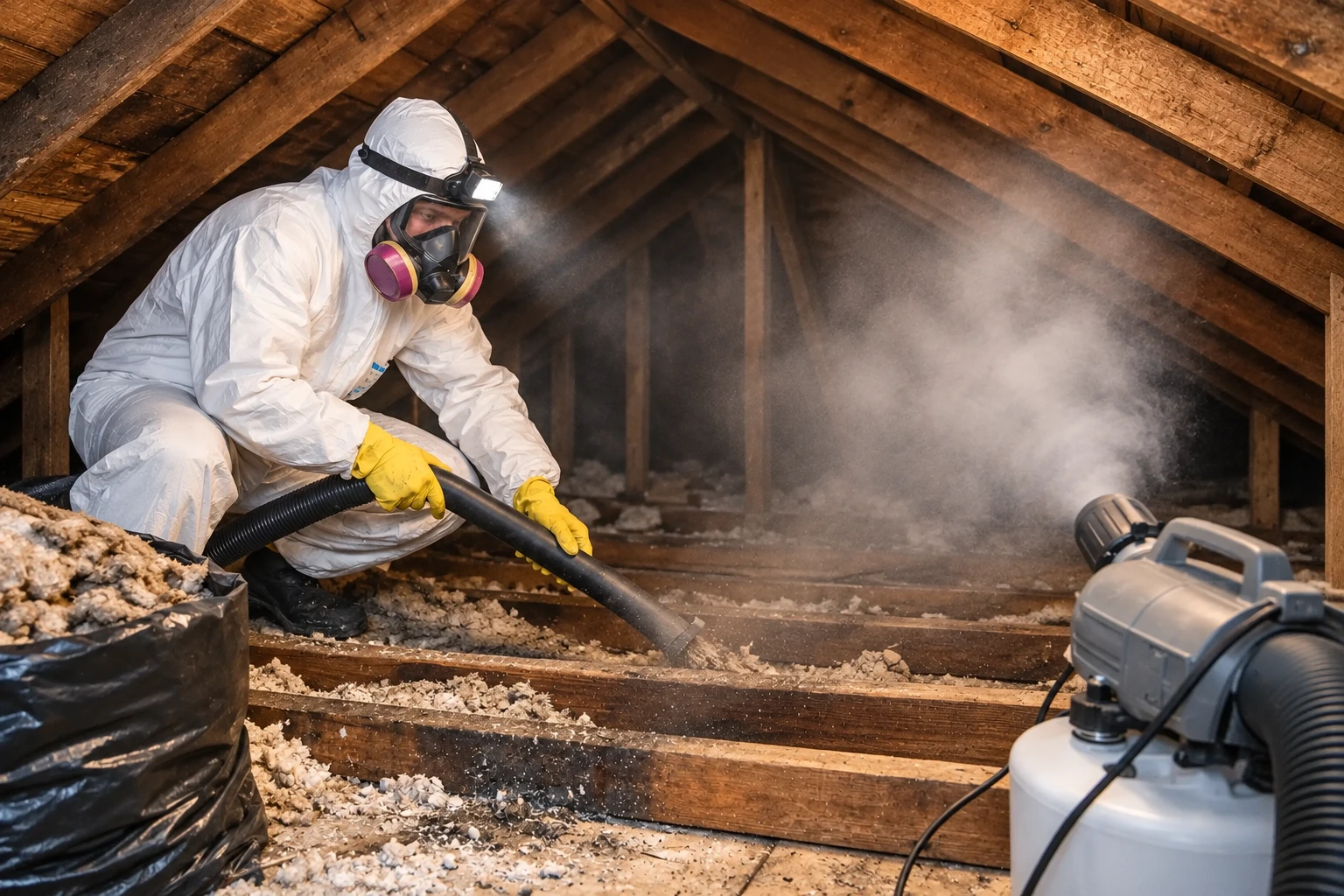 A worker in protective gear vacuums old attic insulation with a hose as dust rises nearby.