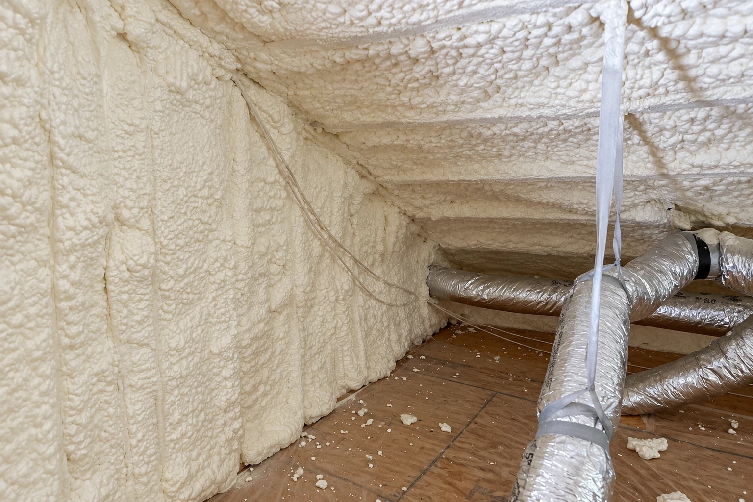 Open-cell spray foam coats the walls and ceiling of a low attic, with flexible silver ducts crossing the wooden floor.