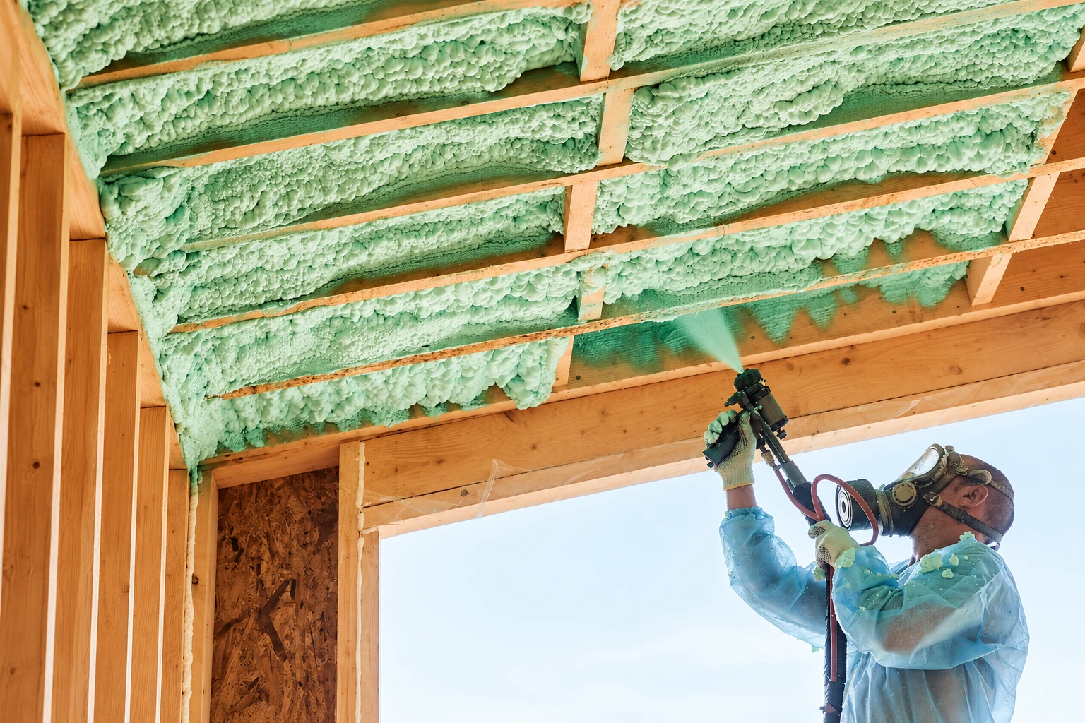 A worker sprays pale green foam insulation into exposed roof framing while wearing protective gear.