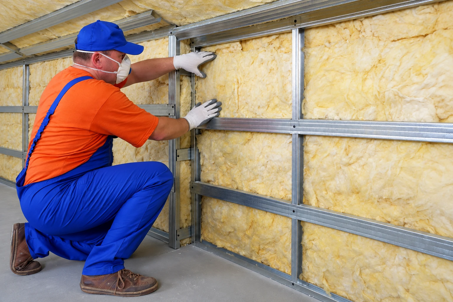 A worker in safety gear fits yellow insulation into a metal-framed wall during a retrofit.