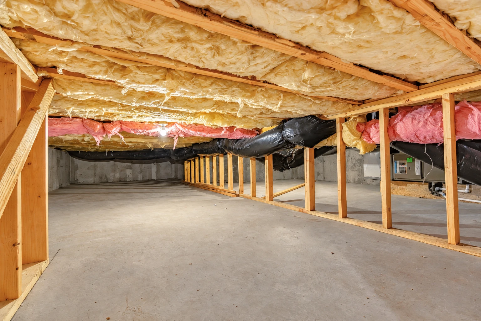 A low basement has exposed ceiling joists filled with insulation, ductwork, and an unfinished concrete floor.