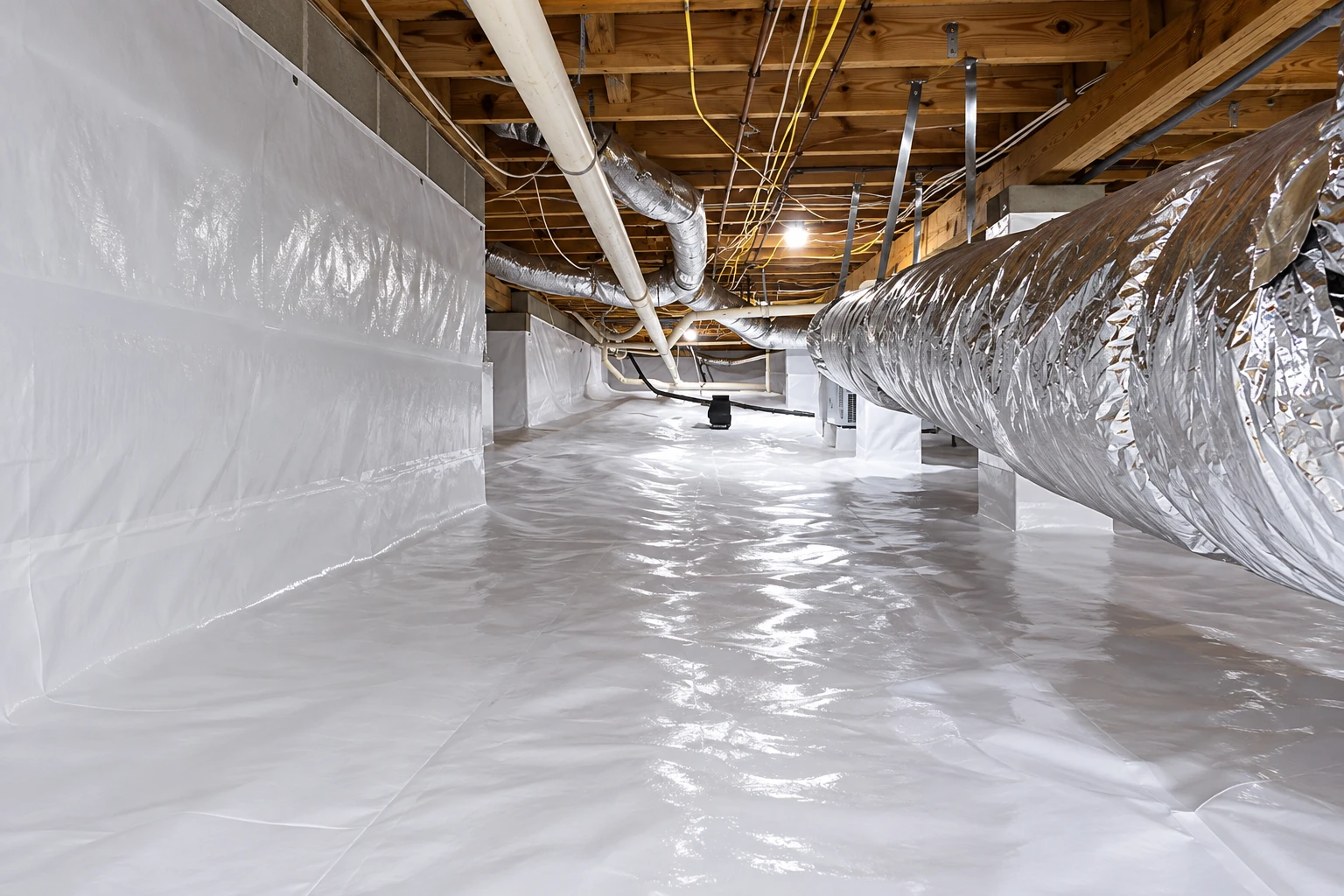 A crawl space is lined with white vapor barrier sheeting across the floor and walls beneath ducts and pipes.