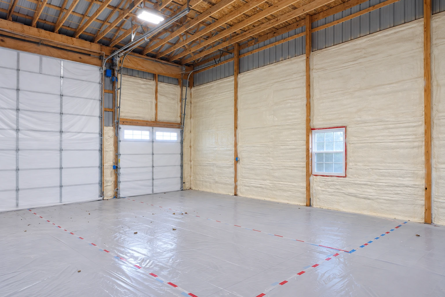 A large garage has pale foam insulation covering its framed walls and a plastic sheet protecting the floor.