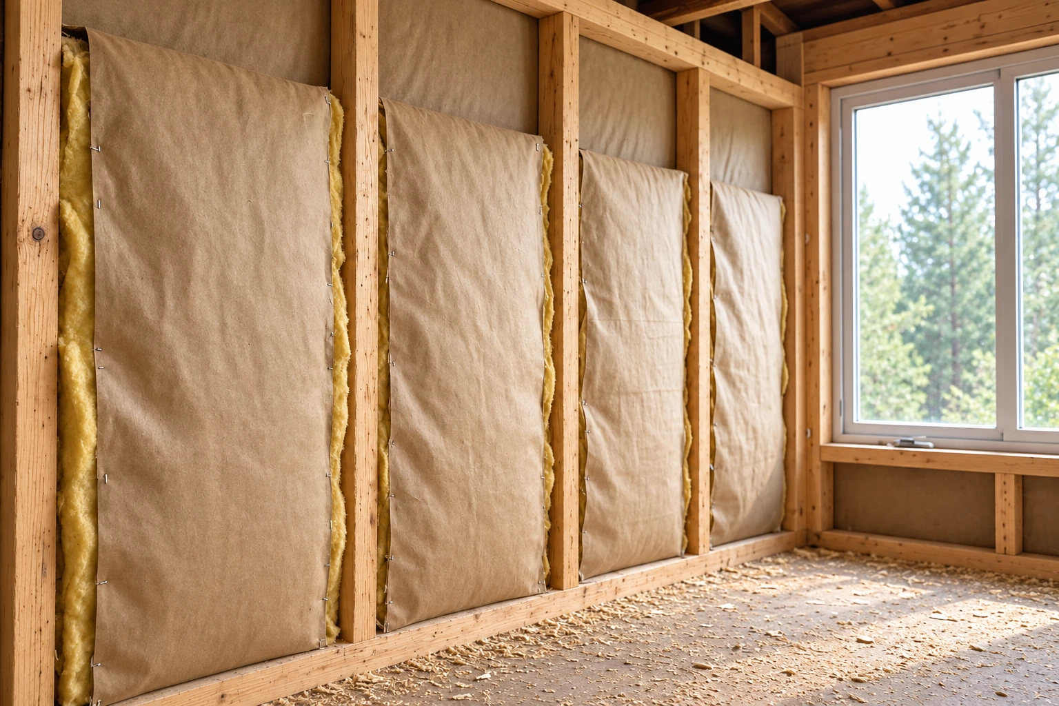 Wall insulation batts in paper facing fill exposed wooden studs beside a window in an unfinished room.